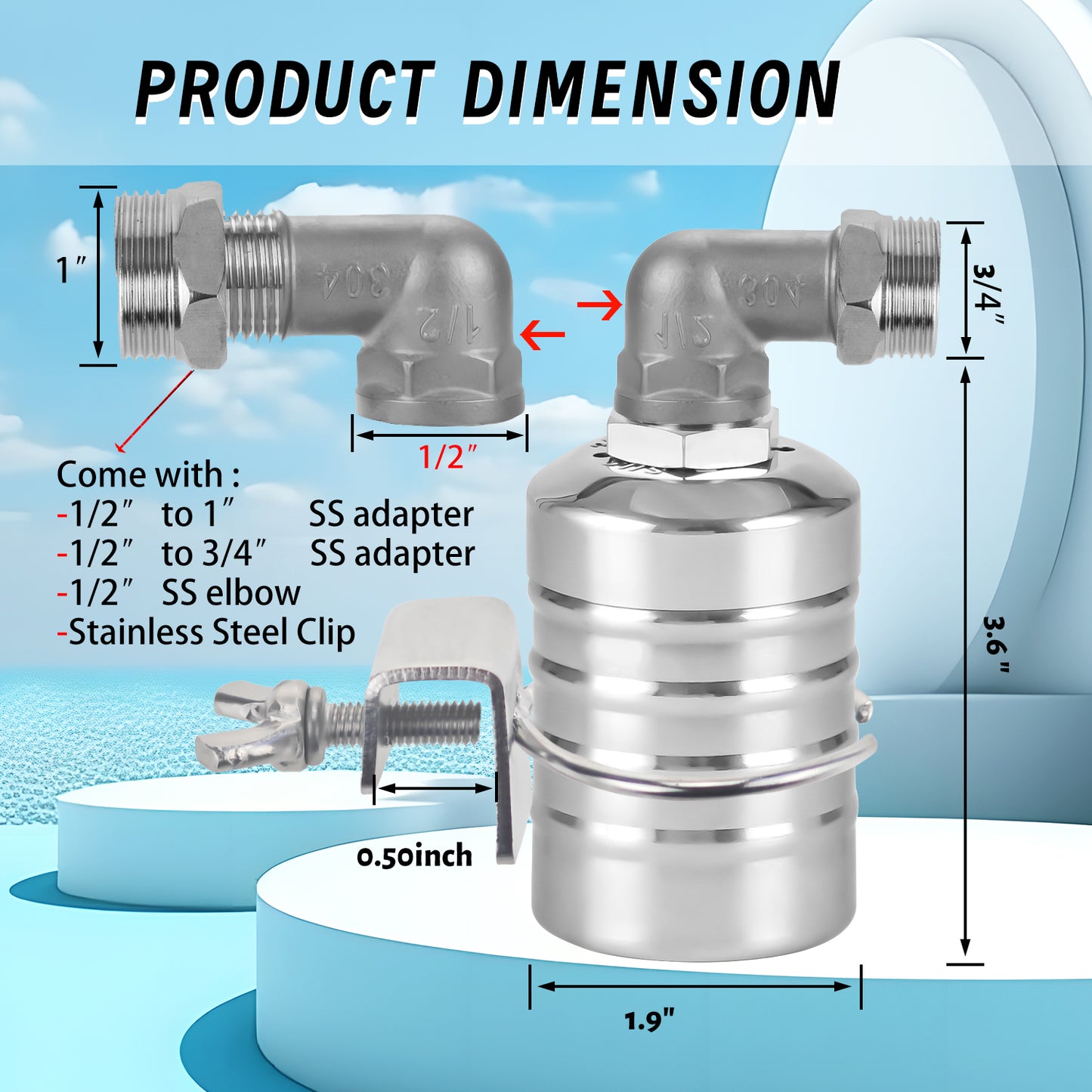 MEUPMEOP 1 Float Valve with Clip  1/2" to 3/4" 1" Water Float Valve 304 Stainless Steel Fully Automatic Water Level Control Float Valve for Water Tank Pool Livestock Troughs